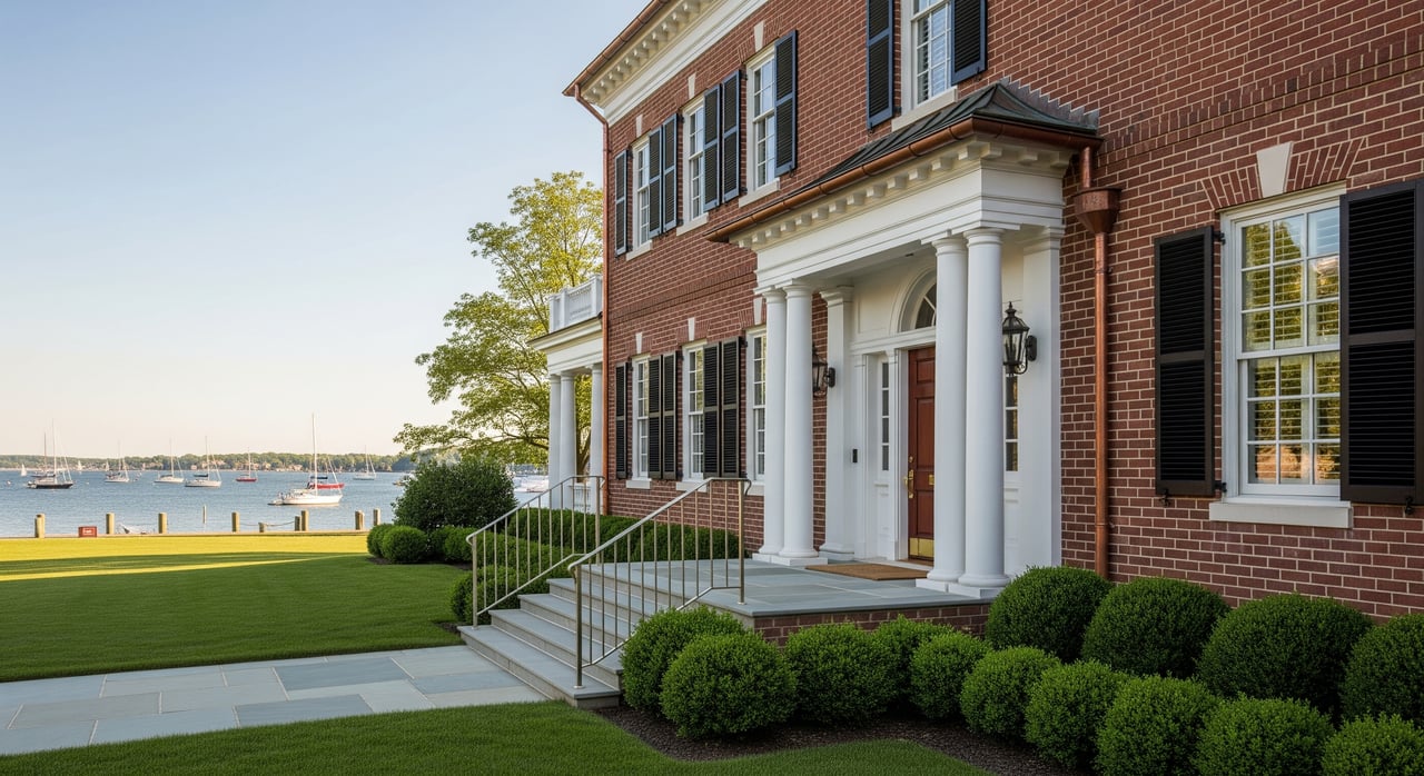 Red-brick waterfront house with a white-columned entrance, clipped shrubs, and sailboats on the bay.
