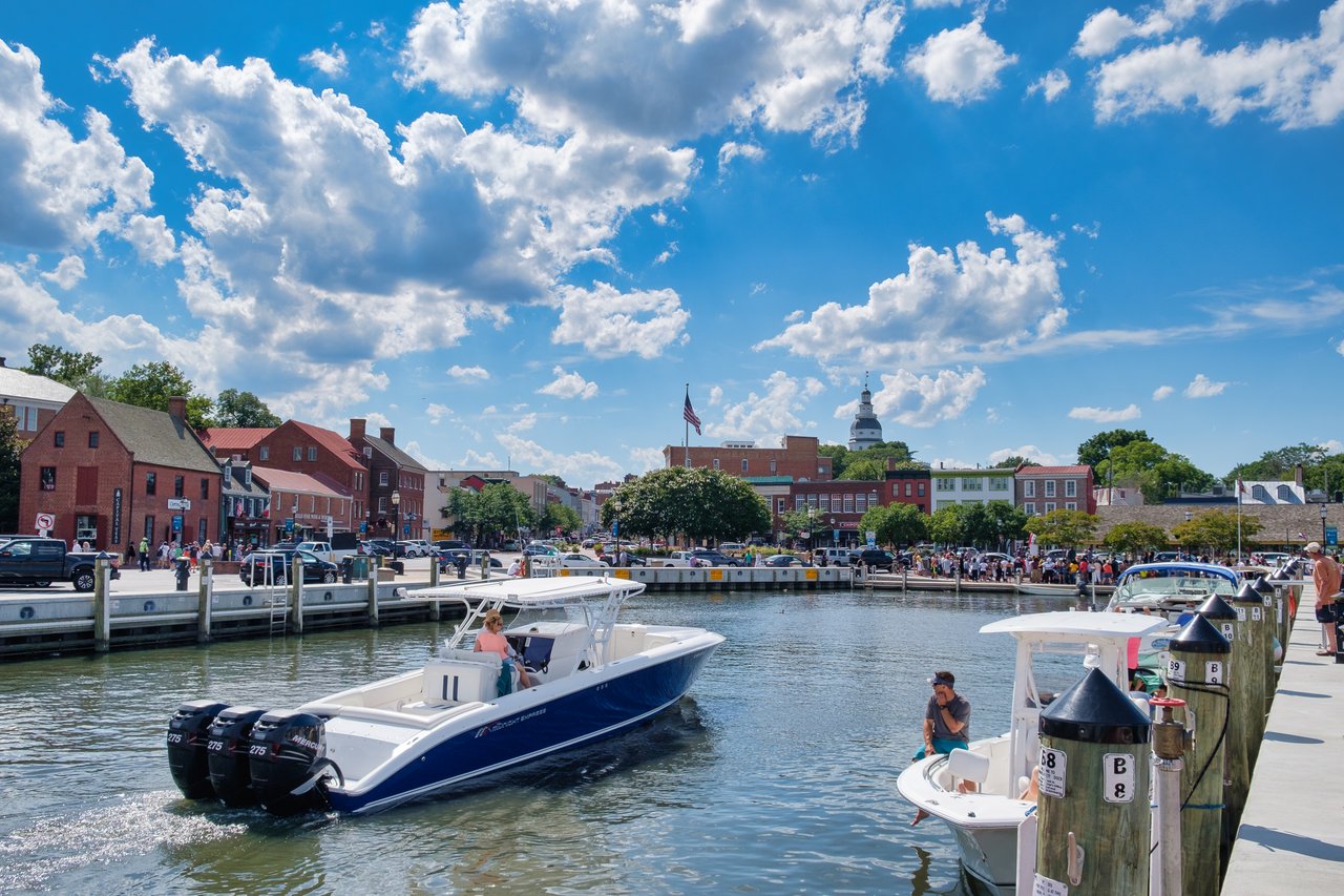 A photo of a center console boat in Ego Alley at City Dock- image courtesy of Visit Annapolis and Anne Arundel County