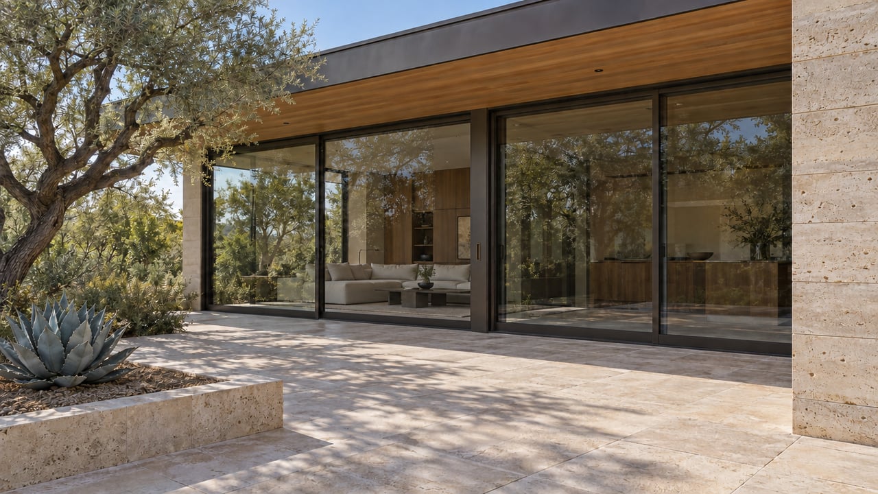 Stone terrace and desert planting beside a limestone home with a wood overhang and closed bronze-framed glass doors.