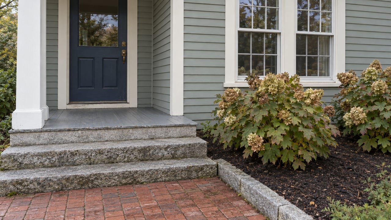 Gray-green clapboard home with a blue entry door, covered wood porch, granite steps, brick approach, and two oakleaf hydrangeas.