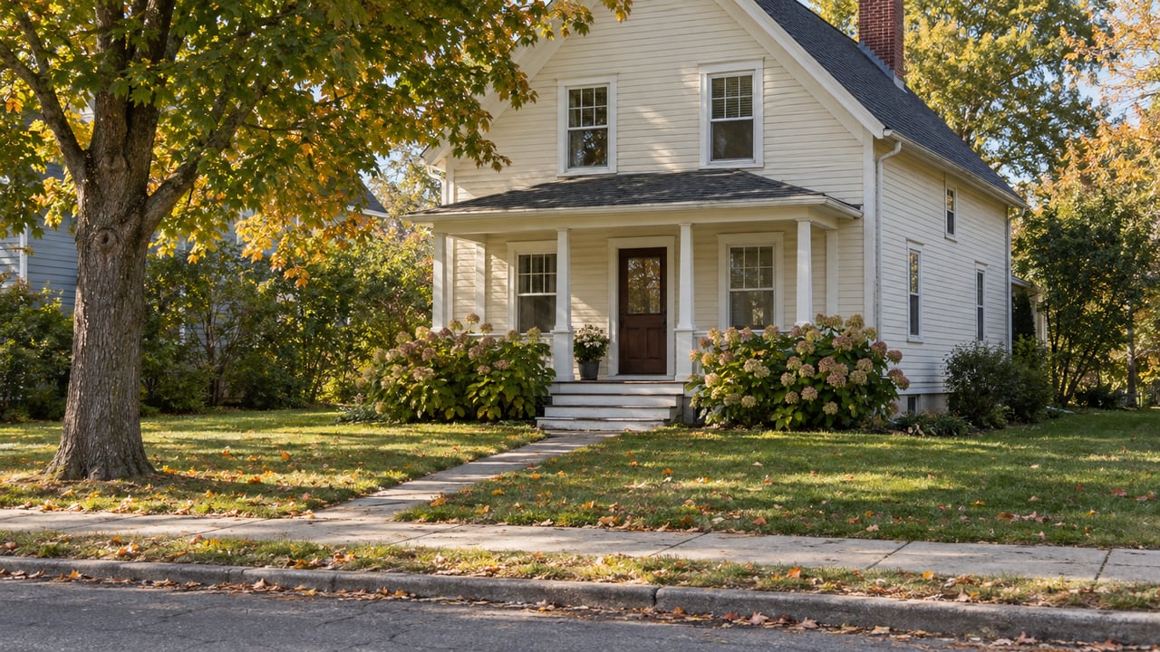 Two-story cream clapboard house with a covered porch, front lawn, and mature maple beside a village road.