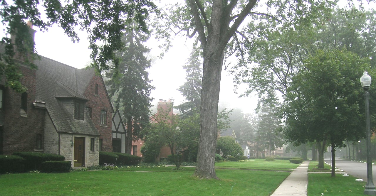 Historic brick Tudor home with stonework on a leafy, misty residential street.