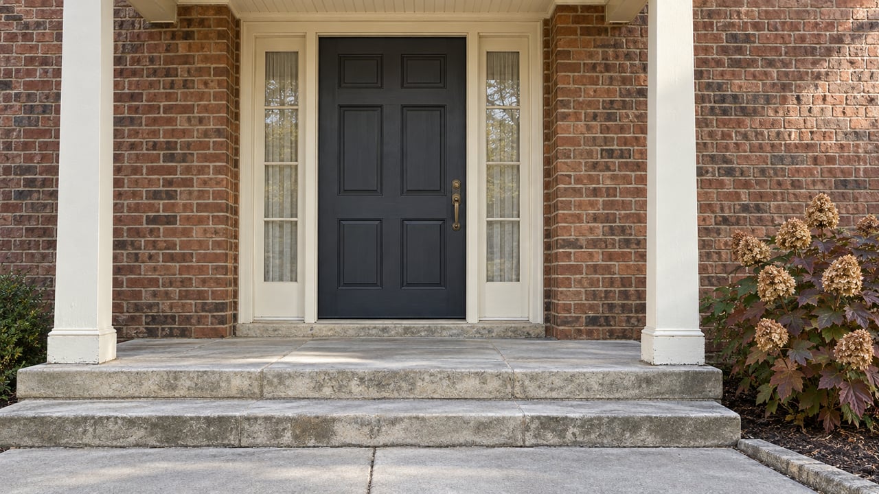 Close view of a red-brick home's cream-painted covered entry, charcoal door, limestone steps and bronze-leaved oakleaf hydrangea.