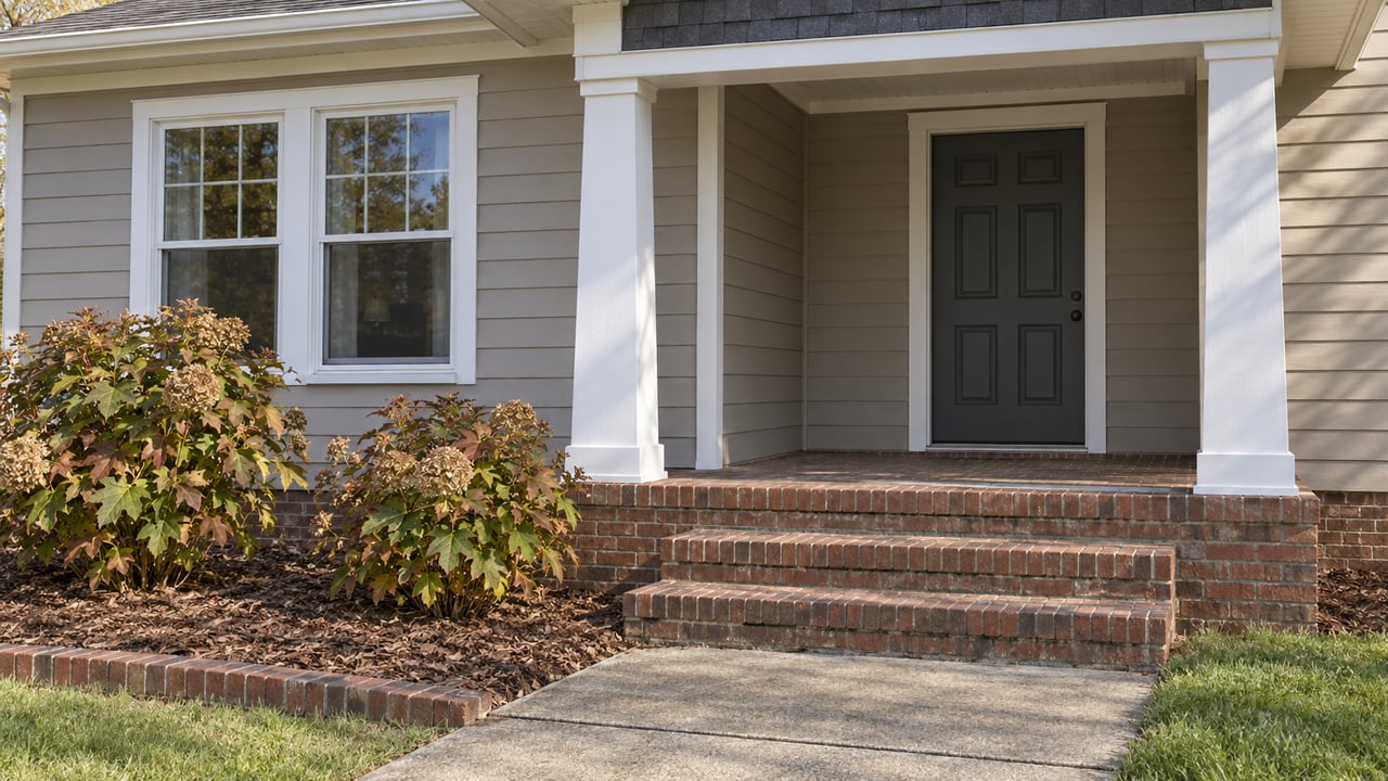 Covered home entry with taupe siding, white porch posts, red-brown brick steps and autumn oakleaf hydrangeas.