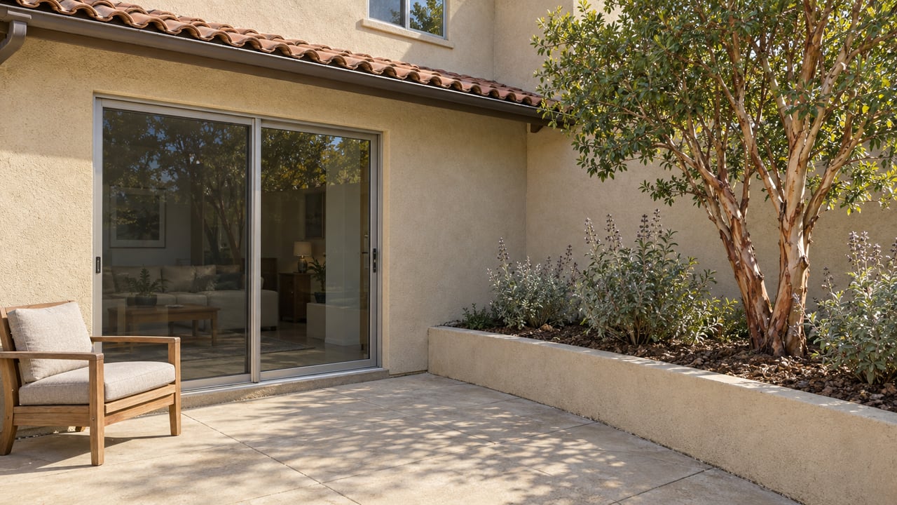 Sunlit buff-stucco home with clay roof tiles, closed sliding doors, a teak patio chair and a raised bed containing a cinnamon-barked tree.