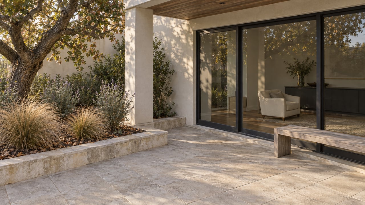 Limestone terrace beside a plaster-clad home, with charcoal-framed glass doors, a weathered teak bench, and an oak garden behind a stone curb.