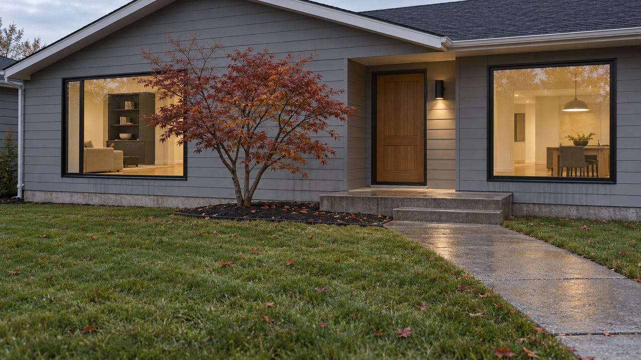 A gray gabled home at dusk, with warm windows, a rain-darkened concrete walk and a copper-leaved Japanese maple beside the entrance.