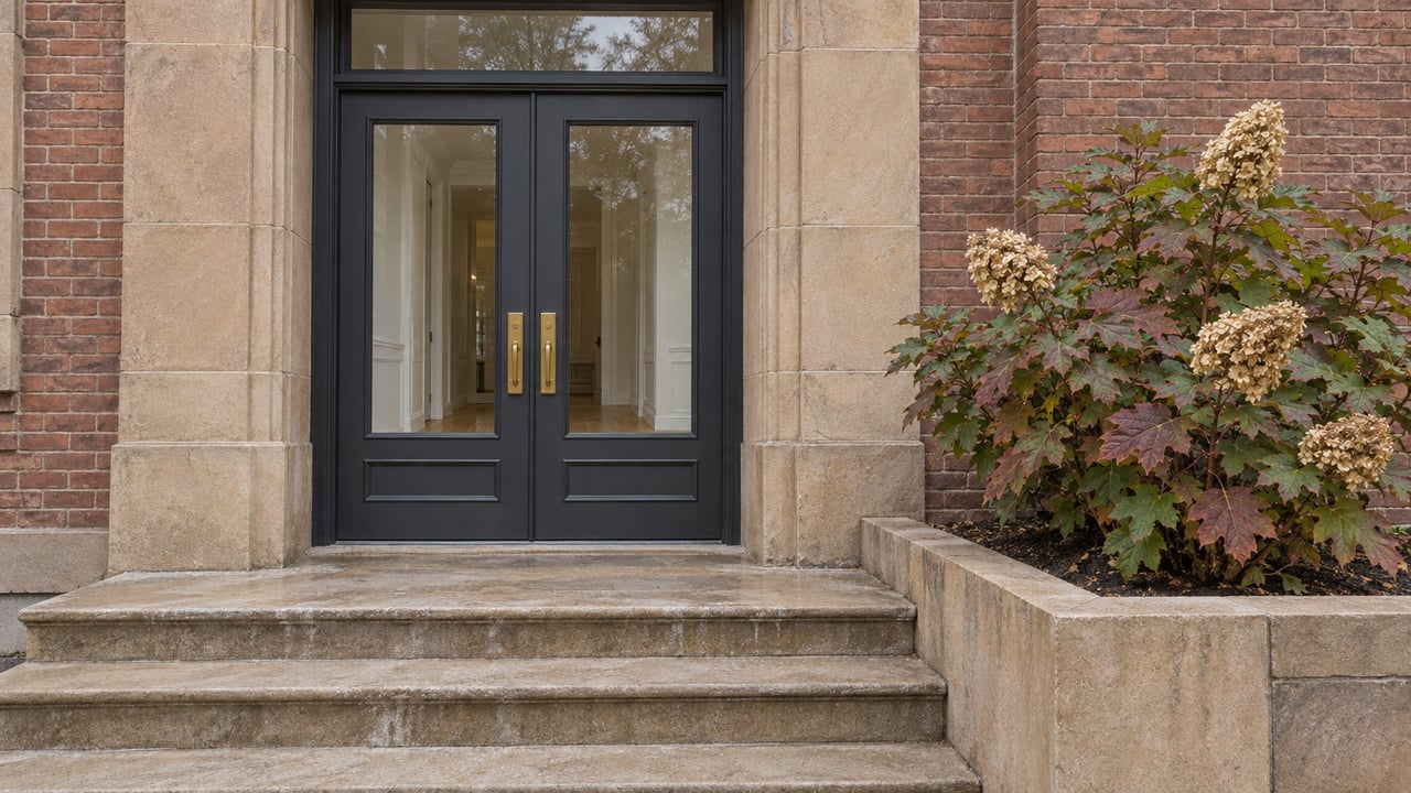 Paired glazed entry doors beneath a transom, framed by weathered sandstone and brick, with broad stone steps and an oakleaf hydrangea in a raised planting pocket.