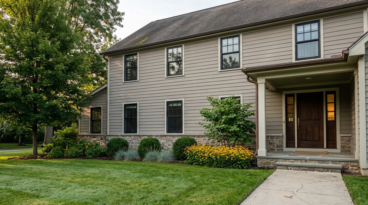 Gray-sided two-story home with covered entry, stone foundation, yellow flowers, and a mature maple.