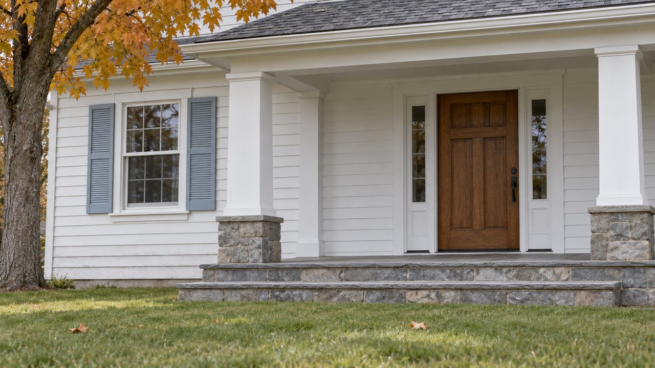 White-sided home with pale blue shutters, an oak front door and gray stone porch steps beyond an autumn lawn.