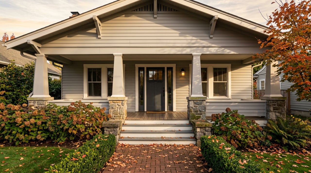 Craftsman bungalow porch with fieldstone piers, fall leaves on the steps, and warm sunlight across the decking.