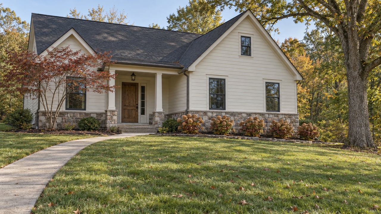 A stone-and-ivory-sided home behind a deep sloping lawn, with an oak tree, a concrete approach and autumn foundation planting.