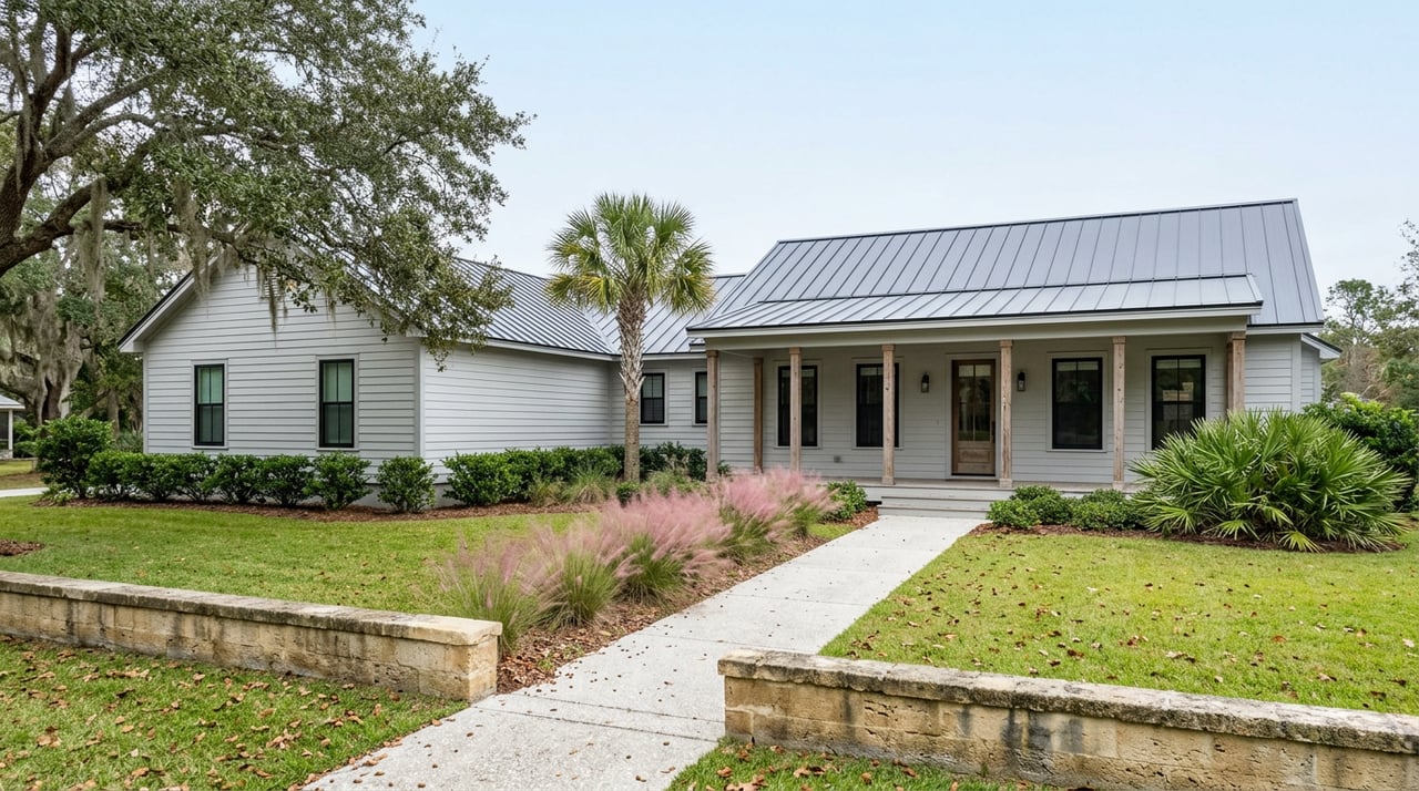Single-story gray home with a dark metal roof, front porch, and oak canopy beside a lawn and concrete walkway.