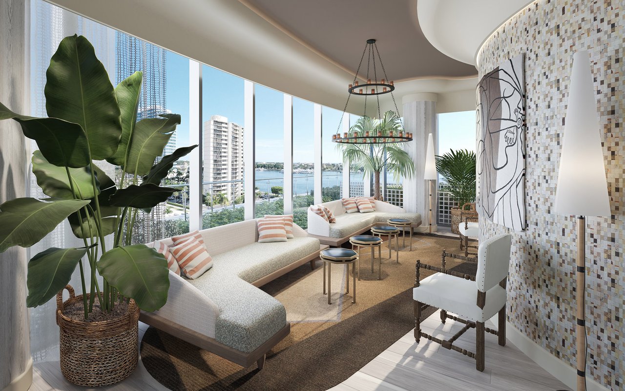 Rendering of the Forté on Flagler evening lounge with curved seating, decorative screens and waterfront windows.