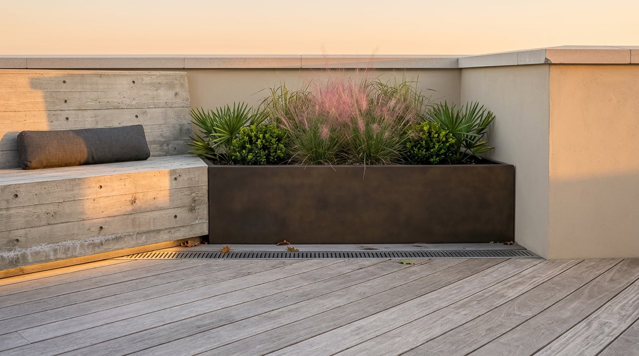 Rooftop terrace with a concrete bench, bronze planter of pink grasses, and weathered gray decking.