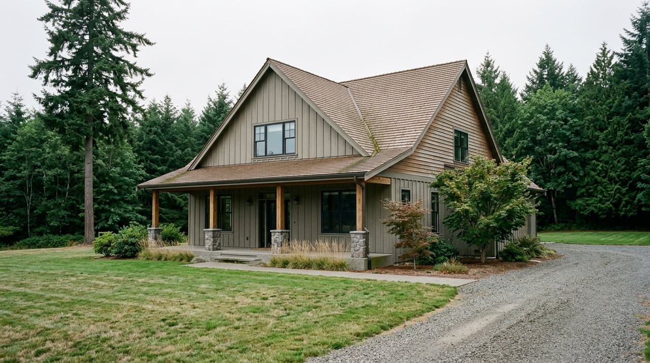 Two-story gray-green craftsman home with a cedar-toned gabled roof, timber porch, mature trees, and gravel drive.