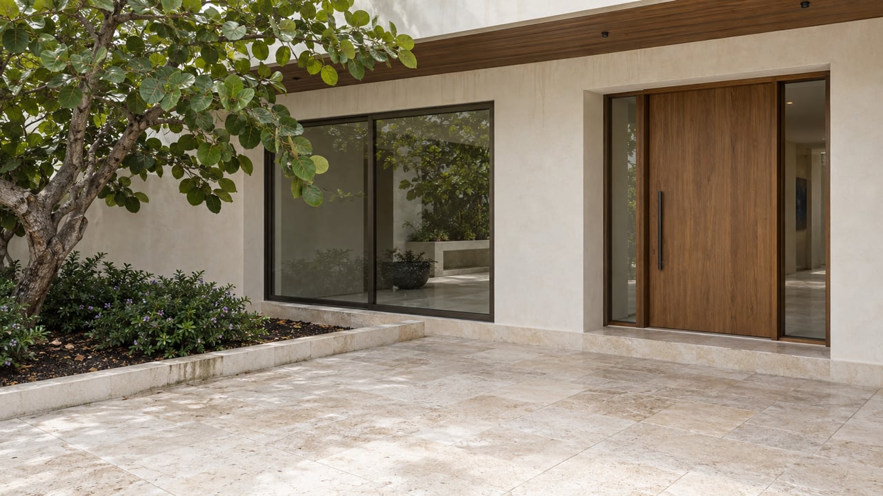 Cream villa facade with a bronze-framed window, honey-toned entry door, and broad-leaved tree beside limestone paving.