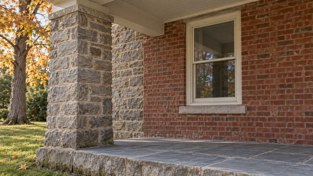 Close view of a stone porch pier, red-brick wall, ivory sash window and worn bluestone paving beside an autumn maple.