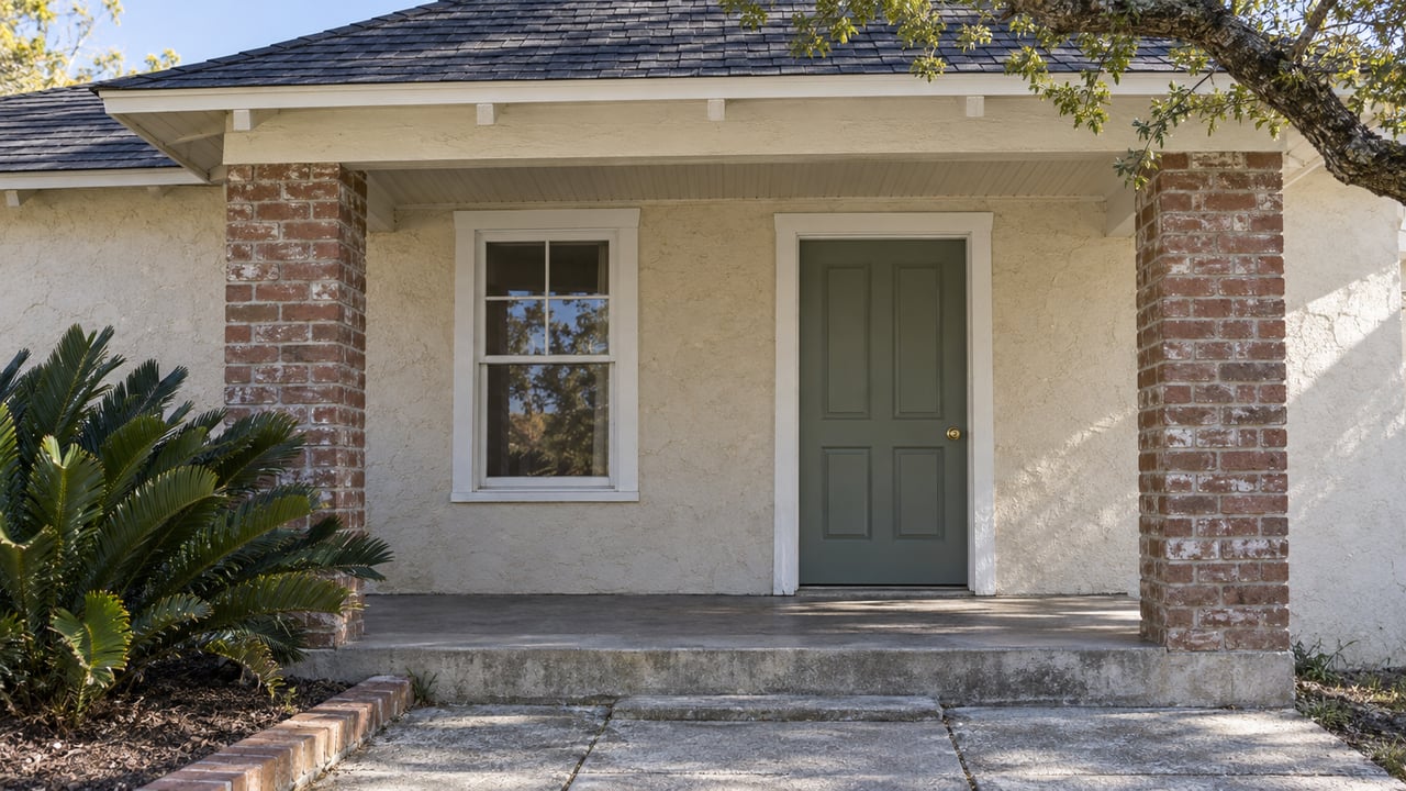 Cream stucco cottage porch with a closed door, white-trimmed window, brick piers, and a leafy plant.