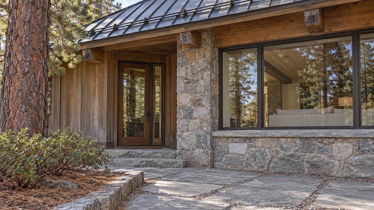 Autumn sunlight on a cedar home entry with granite walls, a glazed door and picture window beside a mature pine.