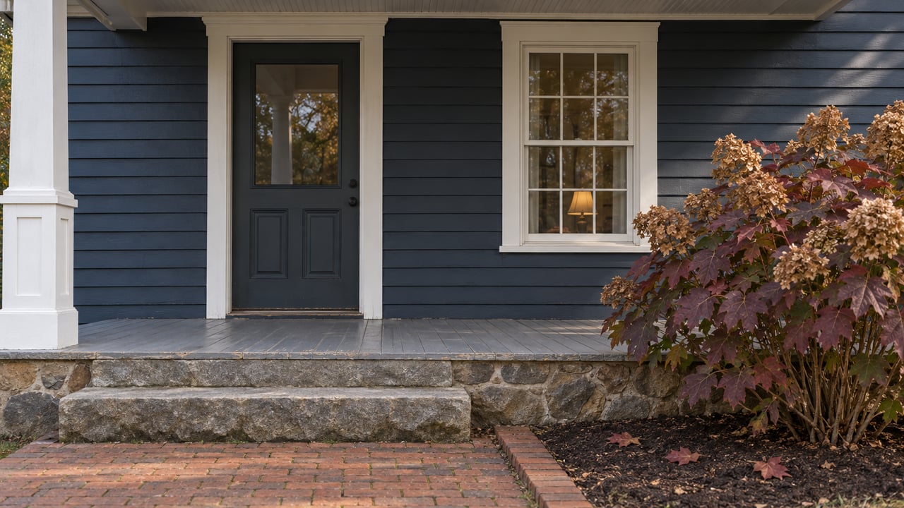 Close view of a blue clapboard home's white-trimmed porch entry, stone steps, brick walk, and burgundy oakleaf hydrangea.