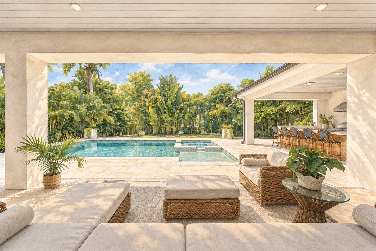 Covered outdoor living area with wicker seating, tropical landscaping, pool, and built-in bar.
