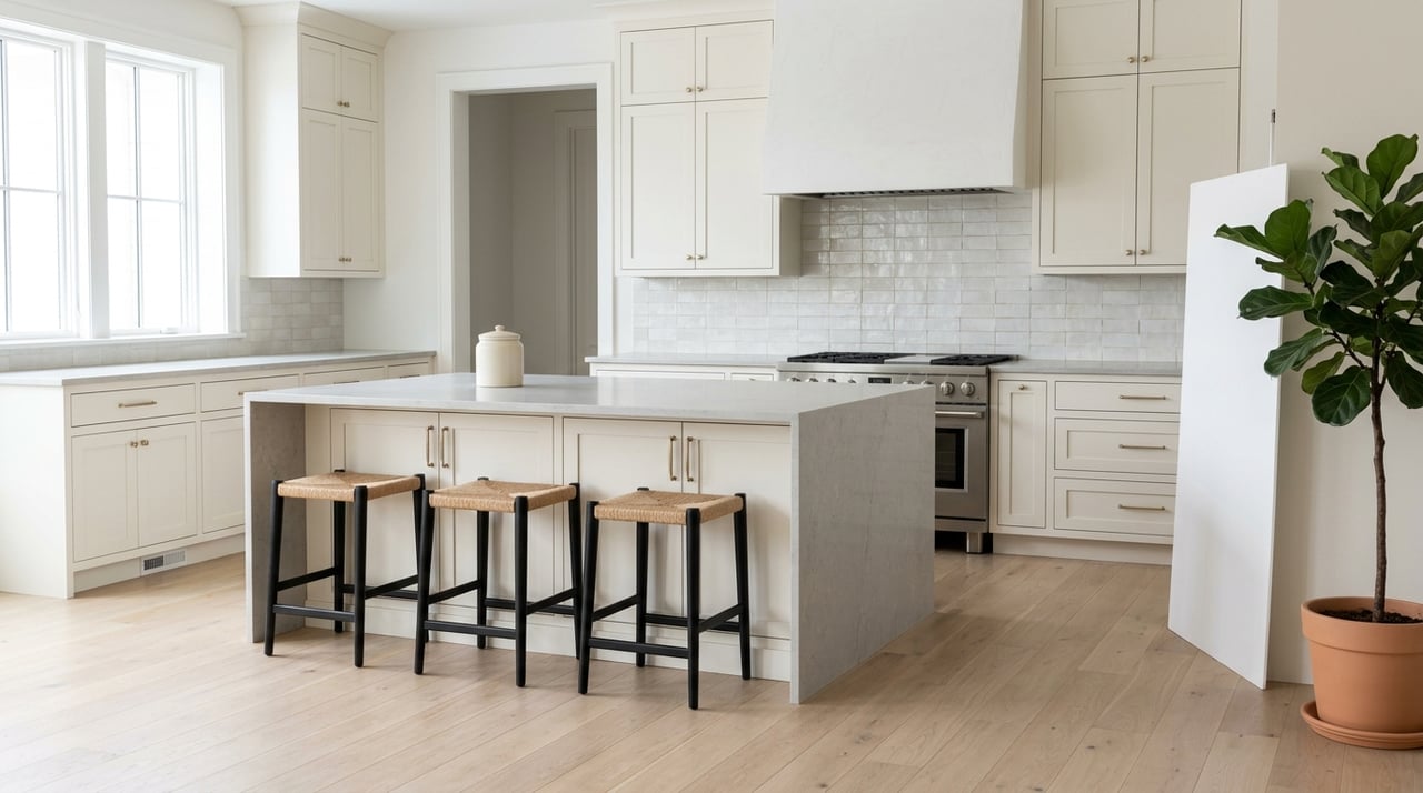 Transitional kitchen with ivory shaker cabinets, honed stone counters, and white oak floors.