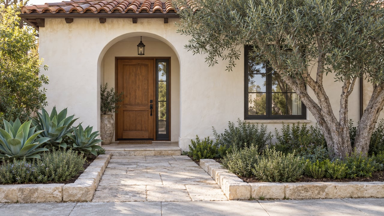 Stucco house with a clay-tile eave, arched oak entry, and an olive tree beside a dark-framed window.