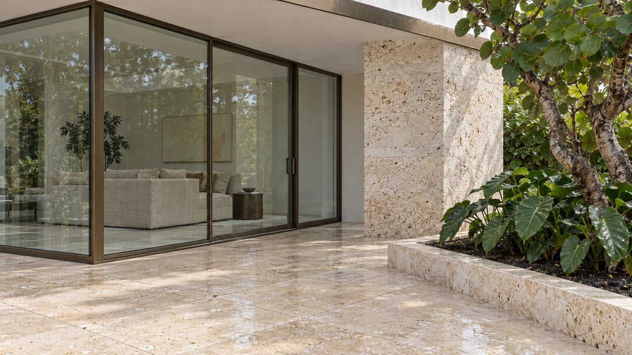 A covered terrace with pale limestone paving, bronze-framed glass doors, and a sculptural sea grape tree beside a bright contemporary home.