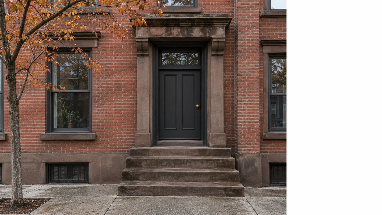 Recessed charcoal townhouse door above worn stone steps, with copper-orange leaves on a small tree.