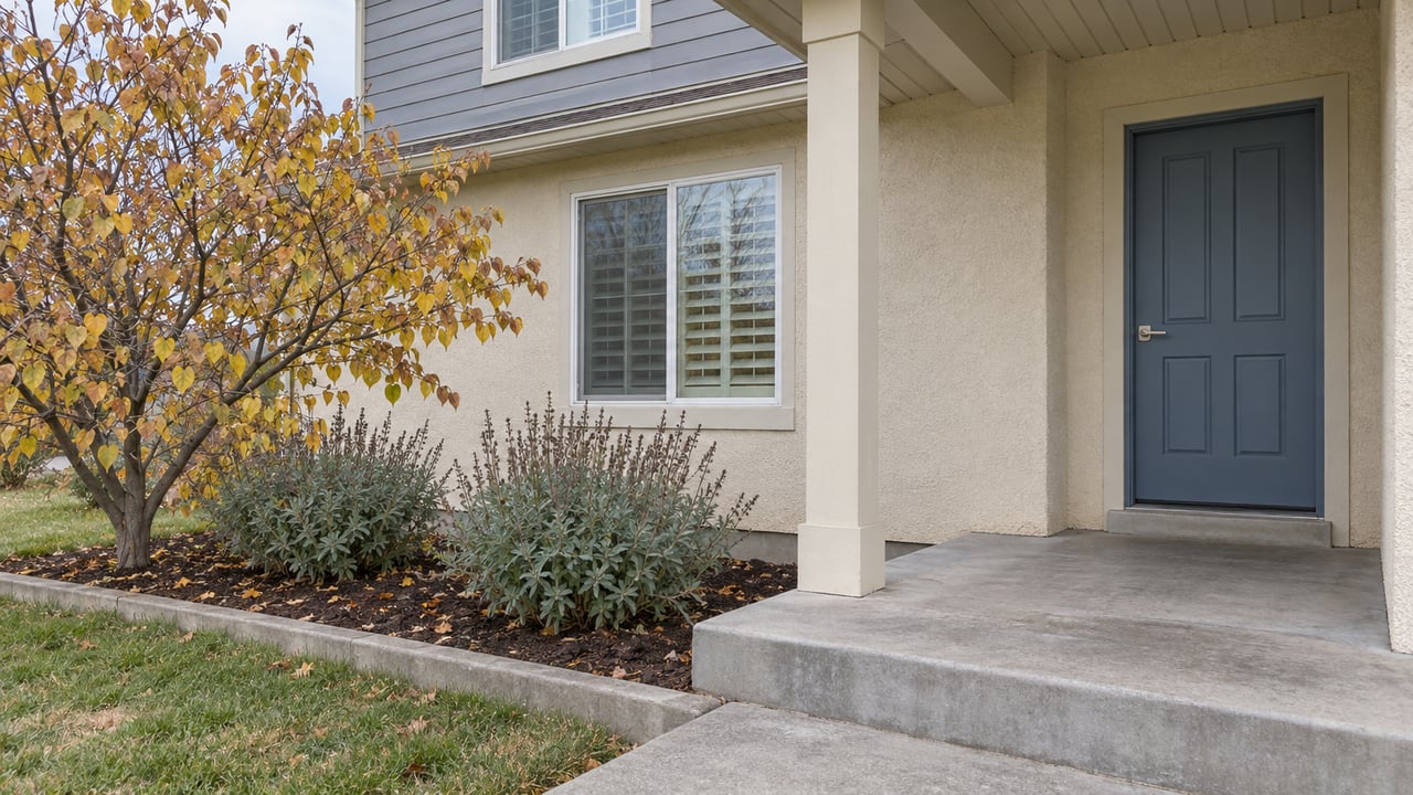 Cream stucco and gray siding frame a blue front door beside a concrete porch and a redbud with thinning autumn leaves.