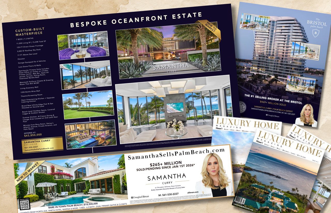 Samantha Curry real estate marketing collage featuring luxury homes, magazine covers, brochures, and business cards.