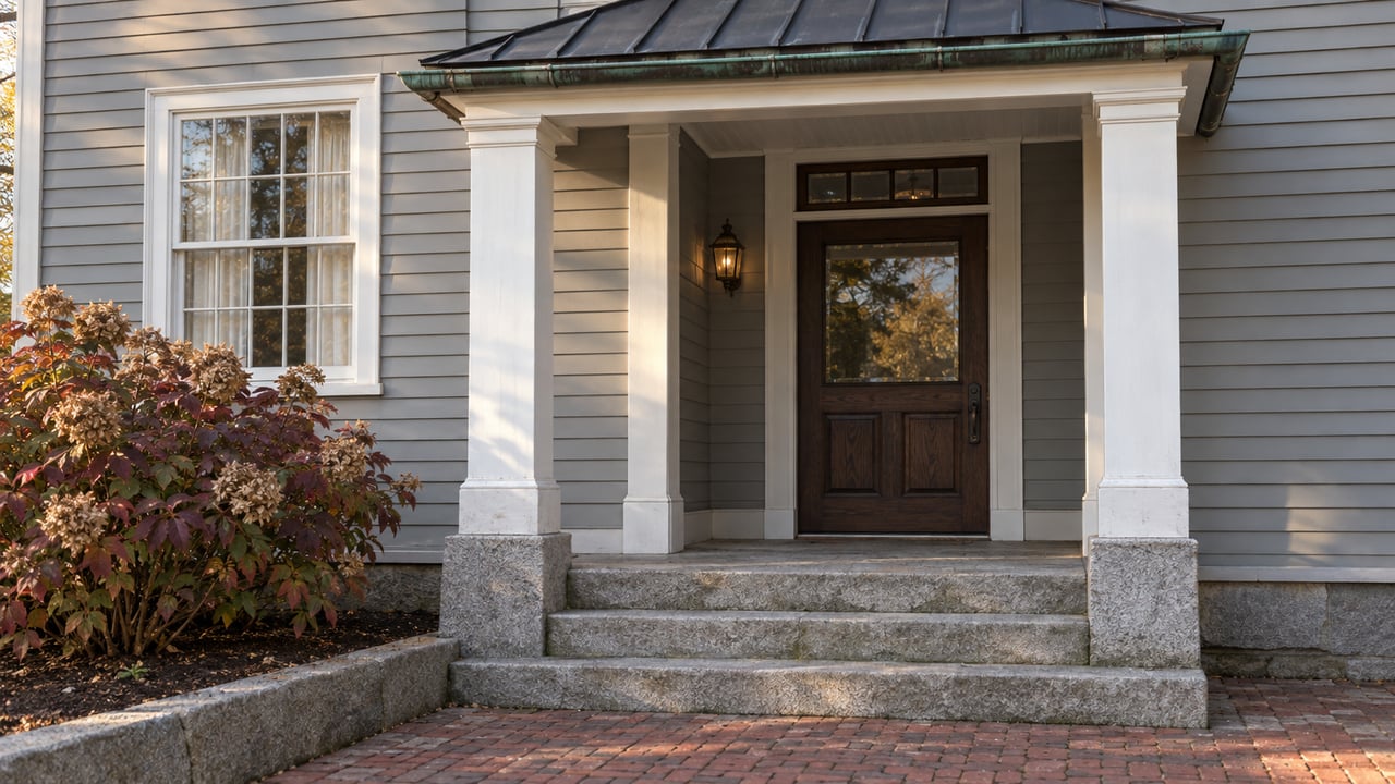 Weathered gray clapboard entrance with a white portico, dark oak door, granite steps and autumn oakleaf hydrangea.
