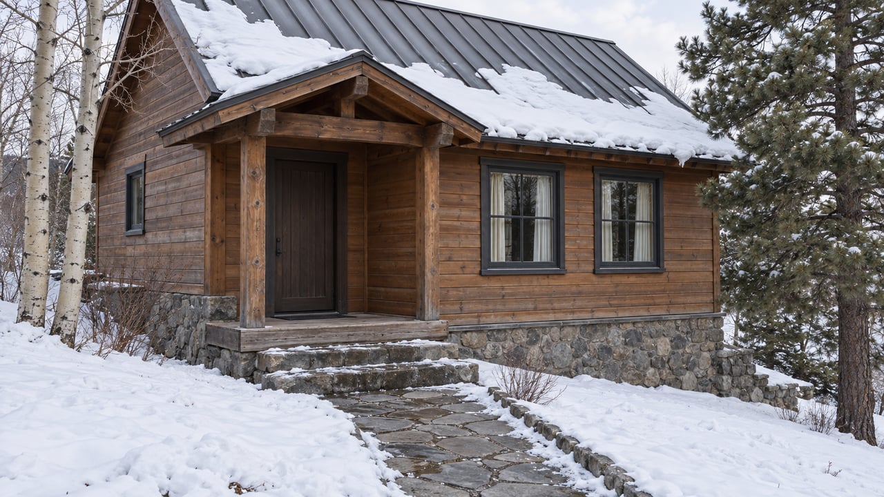Snow surrounds a compact timber cottage with a steep metal roof, stone foundation and cleared stone approach beneath bare aspens.