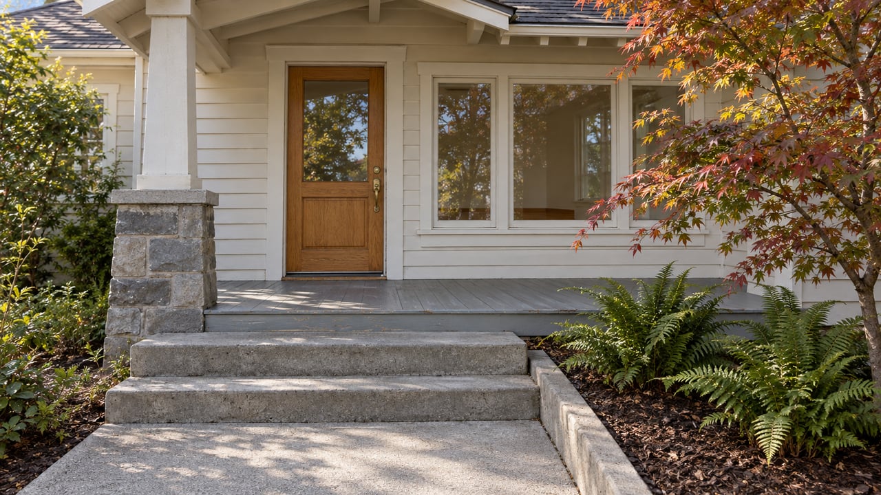 A covered clapboard porch with an oak glazed door, broad concrete steps and a Japanese maple beside a fern bed.
