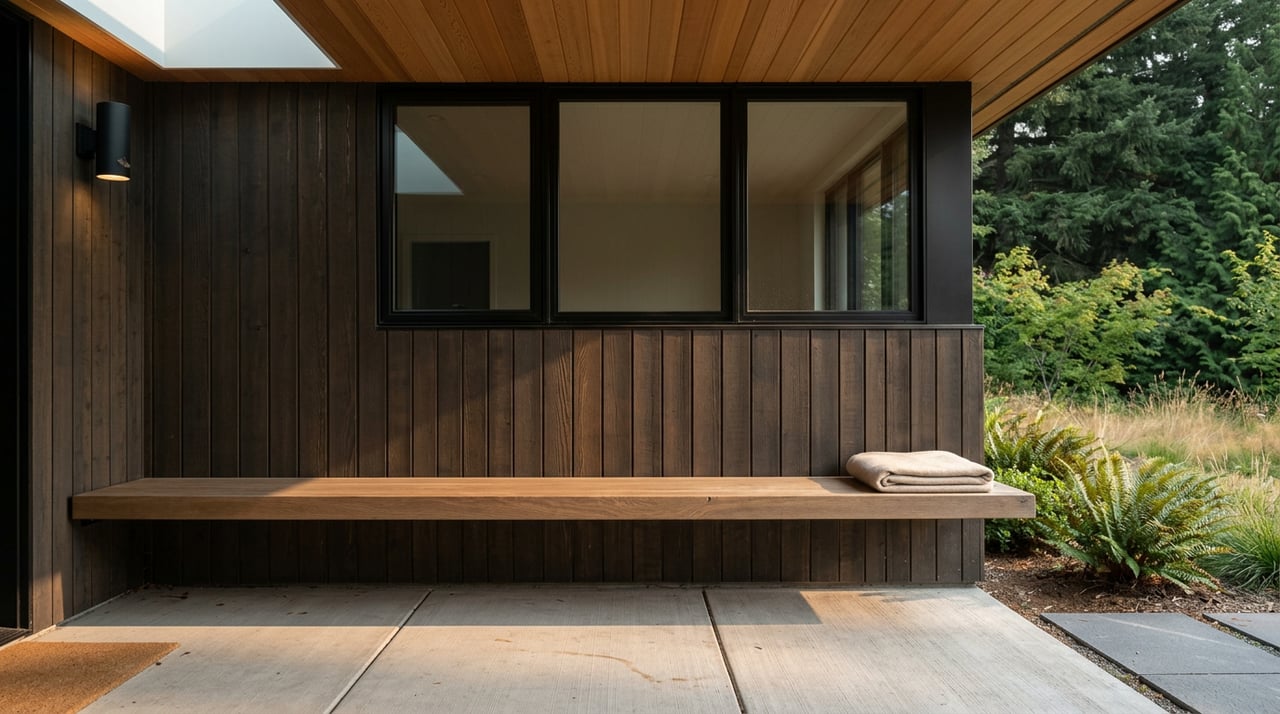Built-in oak bench beneath a cedar soffit in a breezeway, with conifers and meadow plants beyond.
