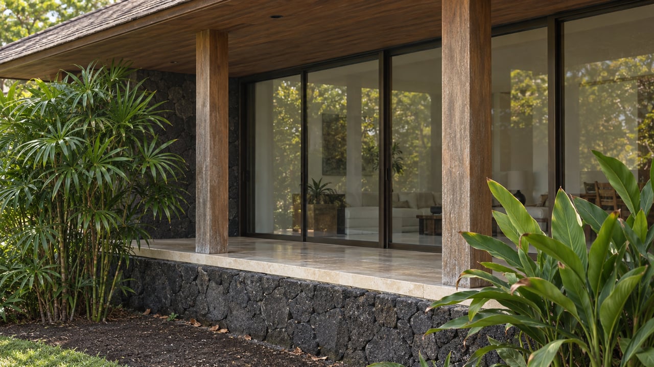 Villa veranda with timber posts, bronze-framed glass doors, volcanic-stone plinth, and tropical plants.
