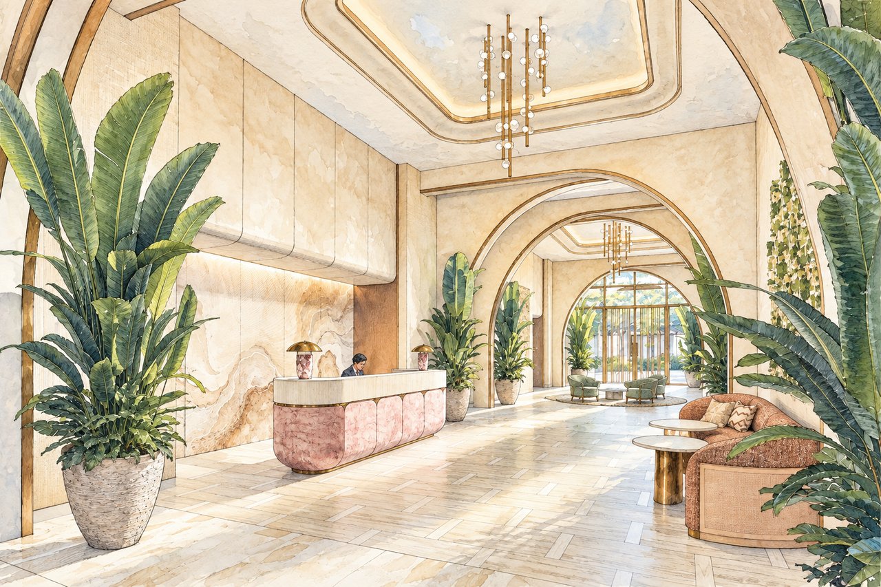 Residences lobby with a curved pink stone reception desk and tall arches.