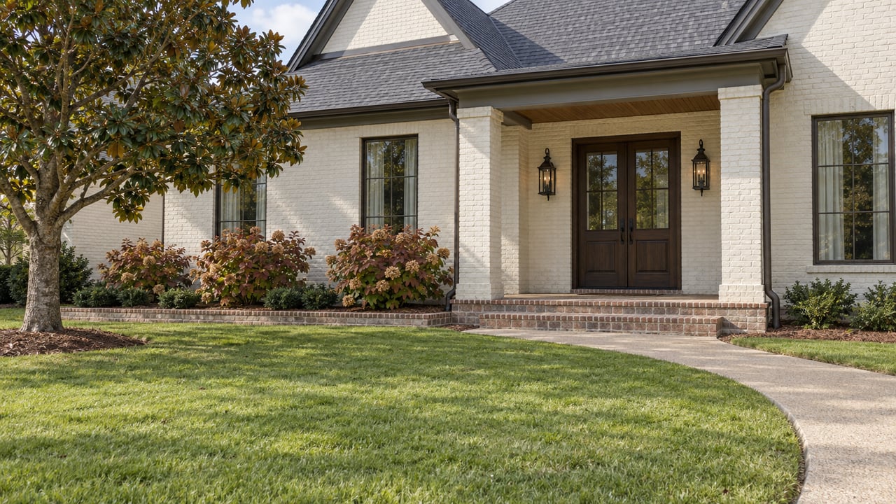Ivory painted-brick home with steep gables, a raised brick porch, broad front lawn and a mature magnolia in soft late-morning light.