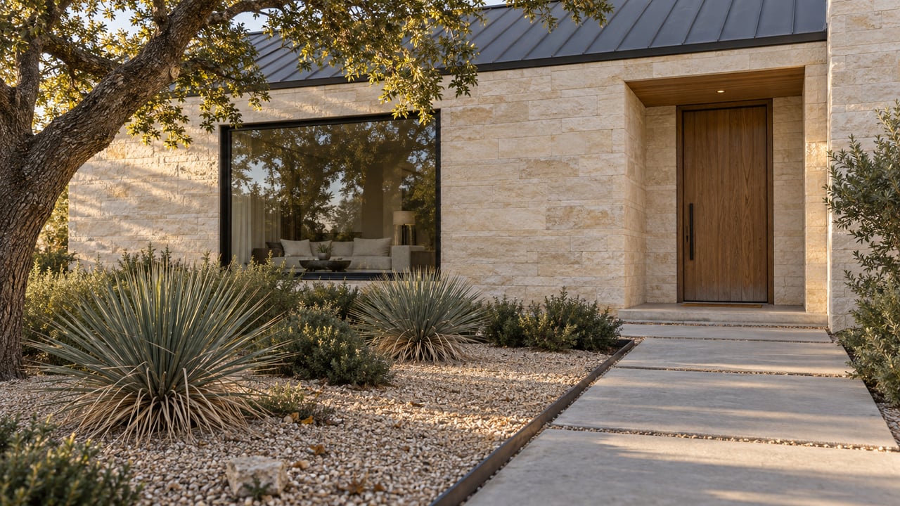 Low-gabled limestone home with an oak entry door, black-framed glazing and a gravel garden beneath a spreading live oak.