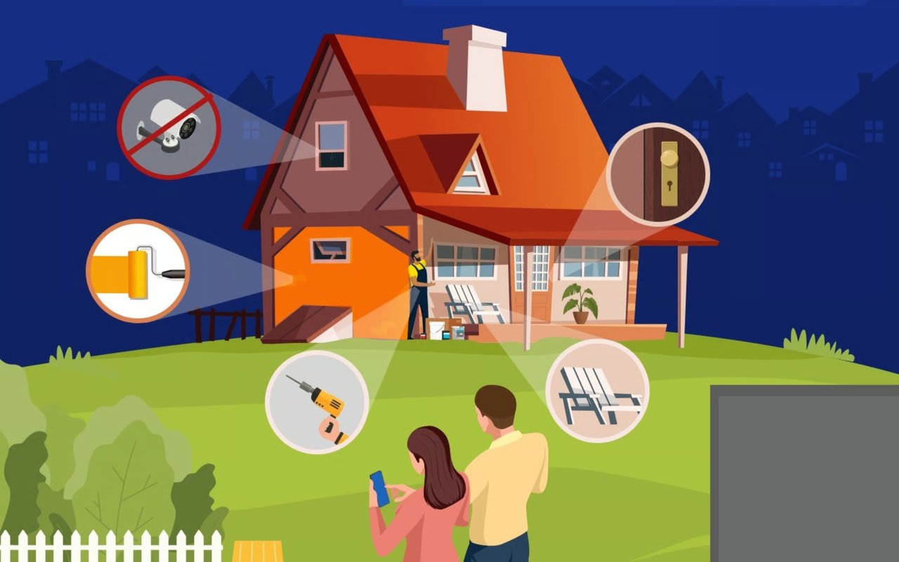 Illustration of a couple outside their new house, with callouts for home repairs and maintenance.
