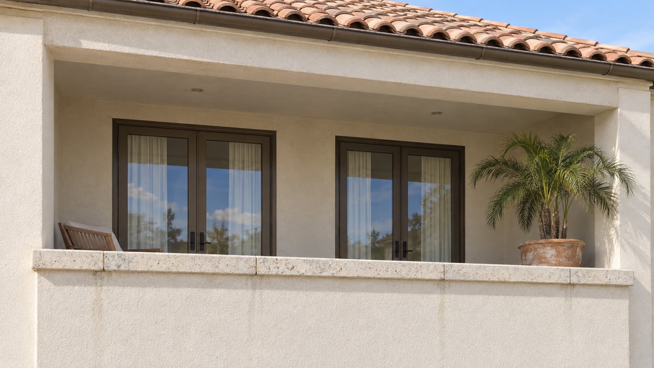 Sunlit warm-white residential loggia with terracotta eaves, bronze-framed glass doors, limestone coping and one potted pygmy date palm.