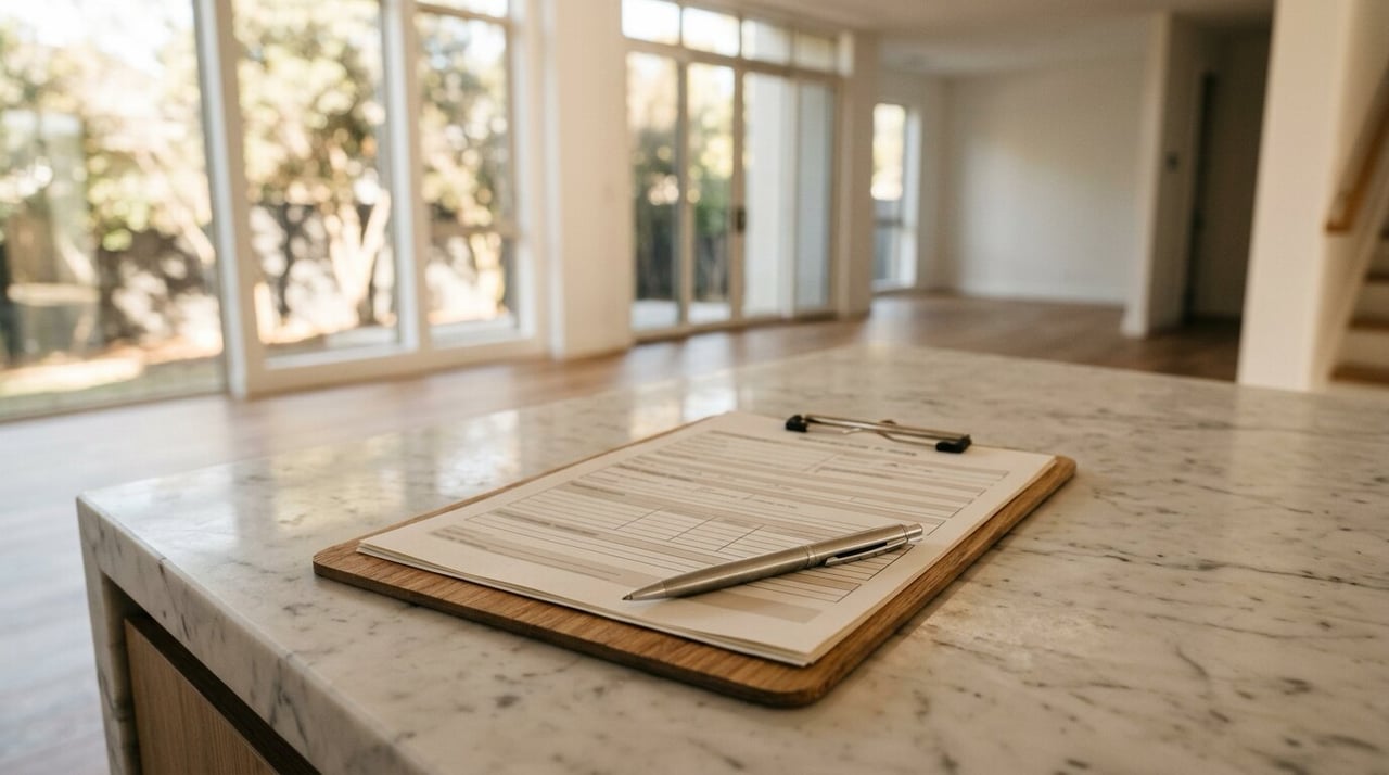 Clipboard with a multi-page form and pen on a kitchen island, Texas seller disclosure paperwork
