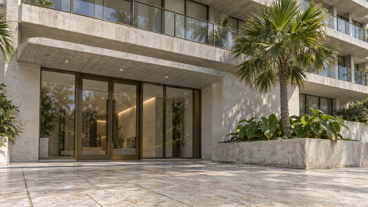 Low-angle view of a refined condominium entrance with bronze-framed glass doors, pale stone paving, concrete terraces and a single fan palm in a raised planter.