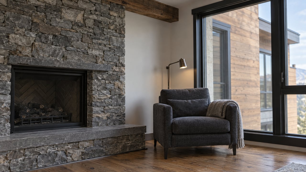 Compact condo living room with a stacked gray-stone fireplace, charcoal chair, and black-framed window.
