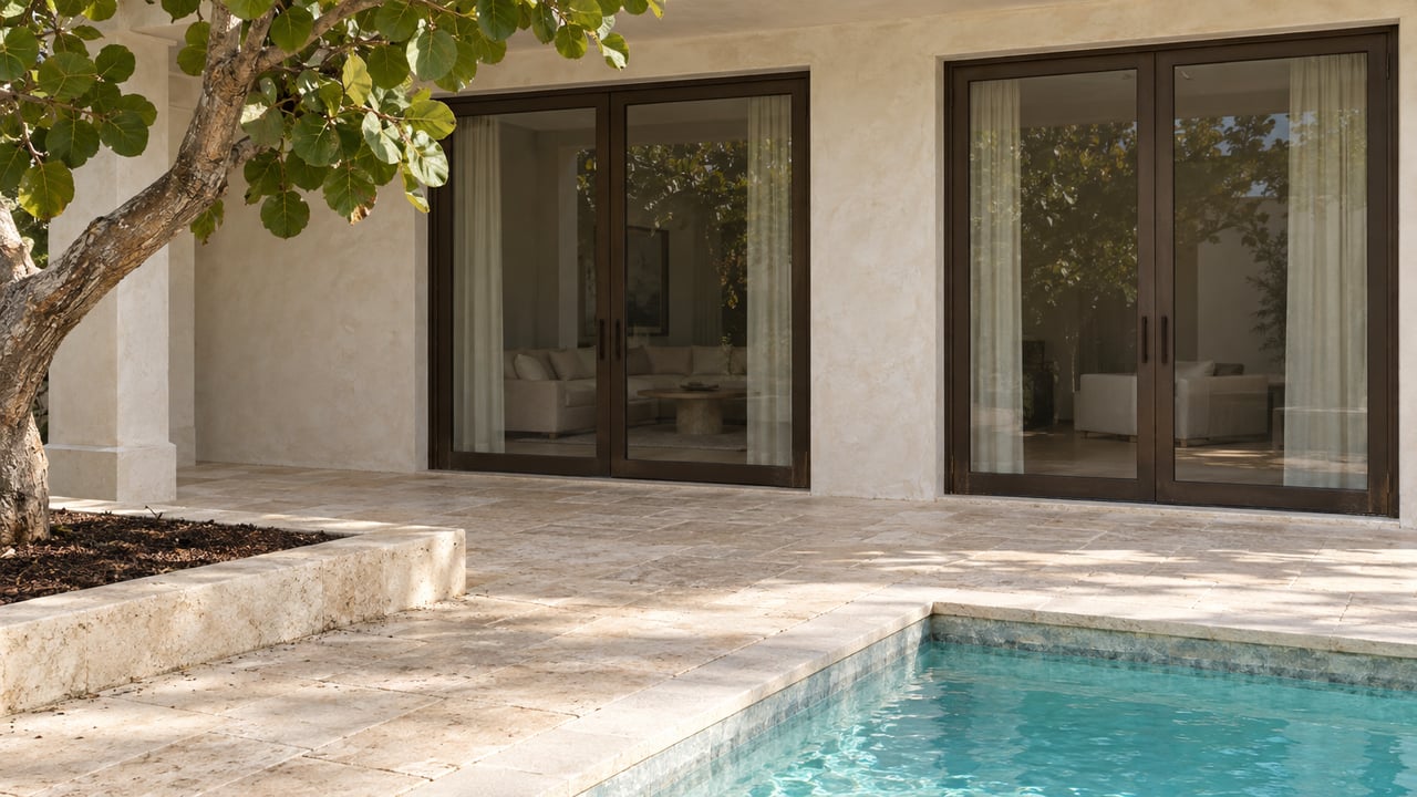 A crooked-trunk sea grape rises beside a turquoise pool and pale stone terrace in front of a stucco house.
