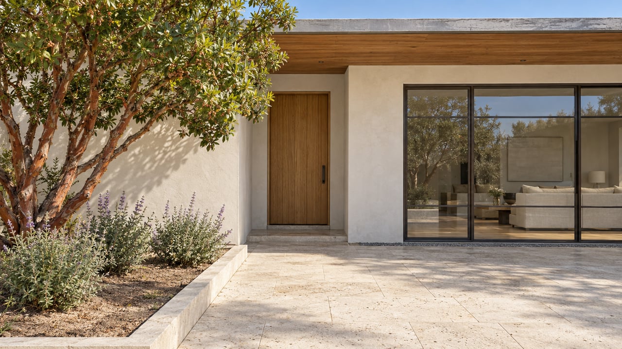 White-stucco residence with a cedar overhang, oak entry door, bronze-framed windows and limestone courtyard beside a sculptural strawberry tree.