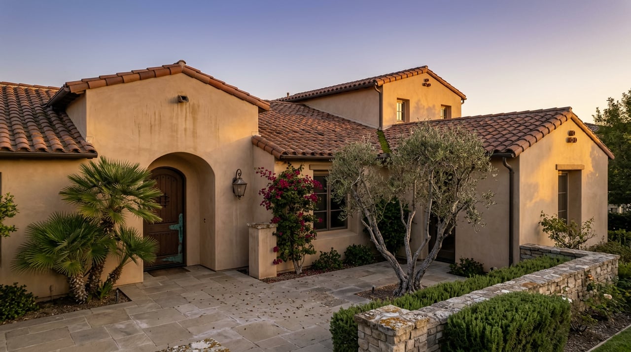 Mediterranean stucco home with terracotta roof, arched entry, olive tree, and magenta bougainvillea in an evening courtyard.