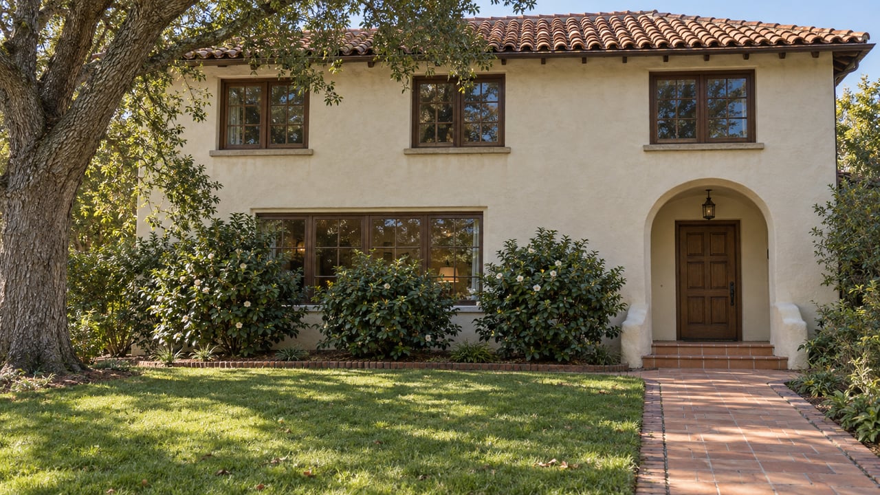 Ivory stucco home with a clay tile roof, arched entry and deep green front lawn beneath a mature oak.