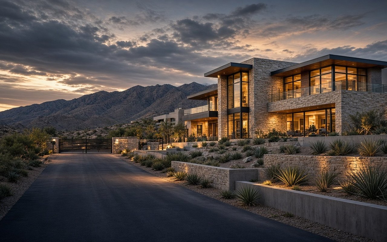 Modern stone-and-glass home with desert landscaping and mountain views at sunset.